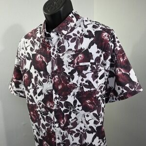 7Diamonds Button Up Mens XXL White Burgundy Floral Ruby Tuesday 4 Way Stretch